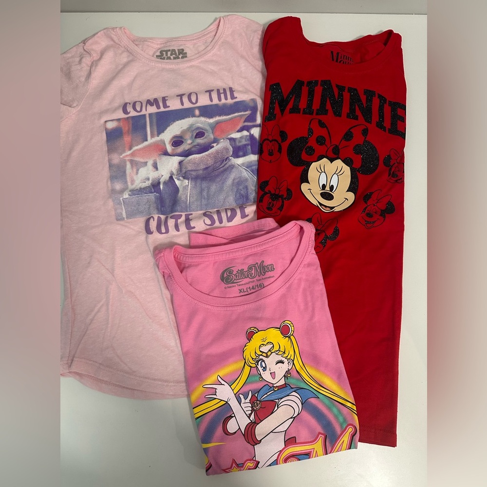 Girls 3 pack Short Sleeve Shirts | Sailor Moon Grogu Disney Minnie XL 14-16